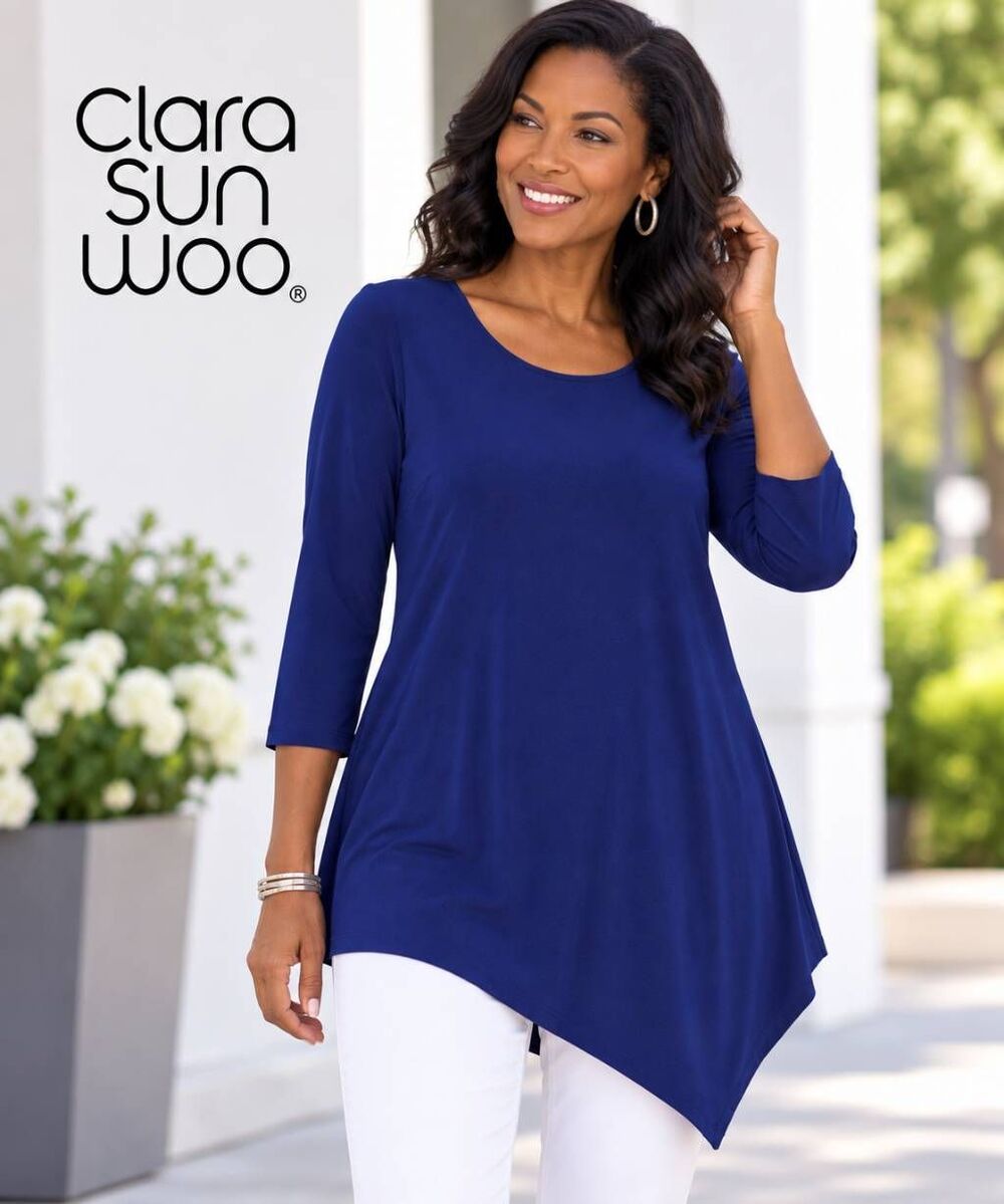Clara Sun Woo Womens 3/4 Sleeve Asymmetric Hem Tunic Top Royal Blue Small